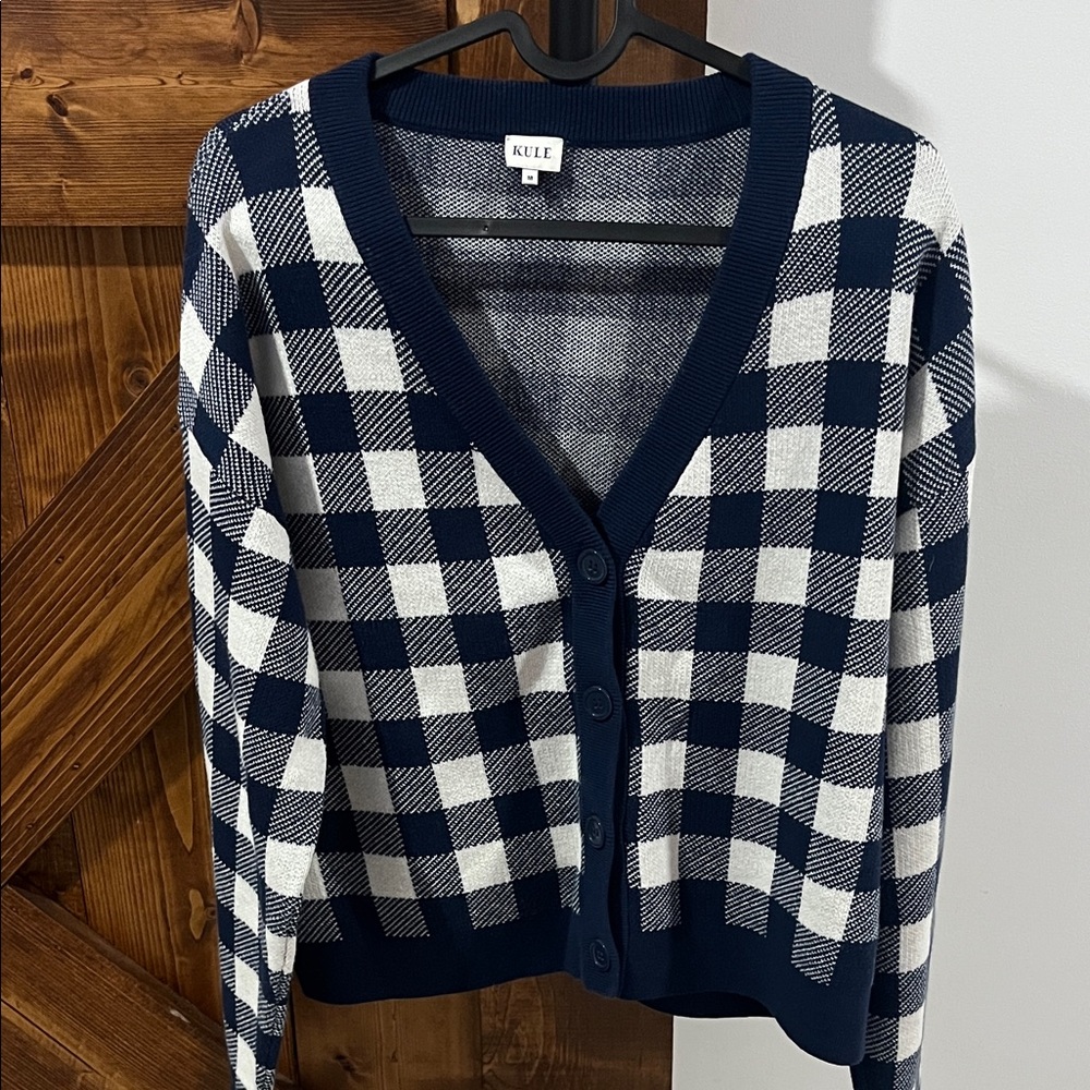 KULE Navy and White Plaid Cardigan
